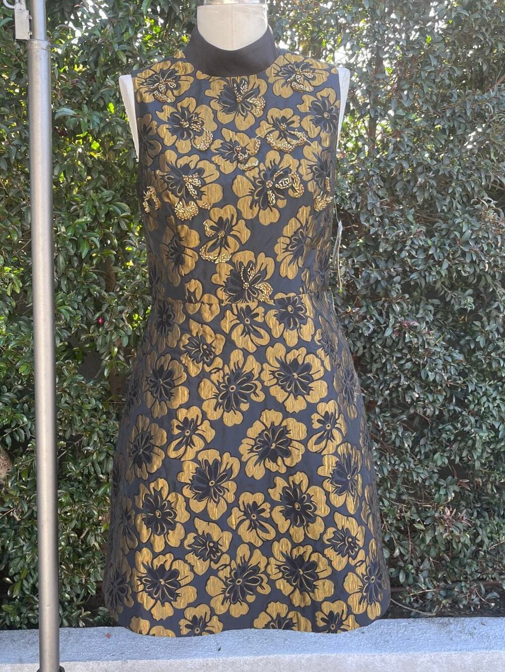 NWT Rachel Roy Gold Black Floral Beaded Sleeveless Cocktail Dress Women’s 8